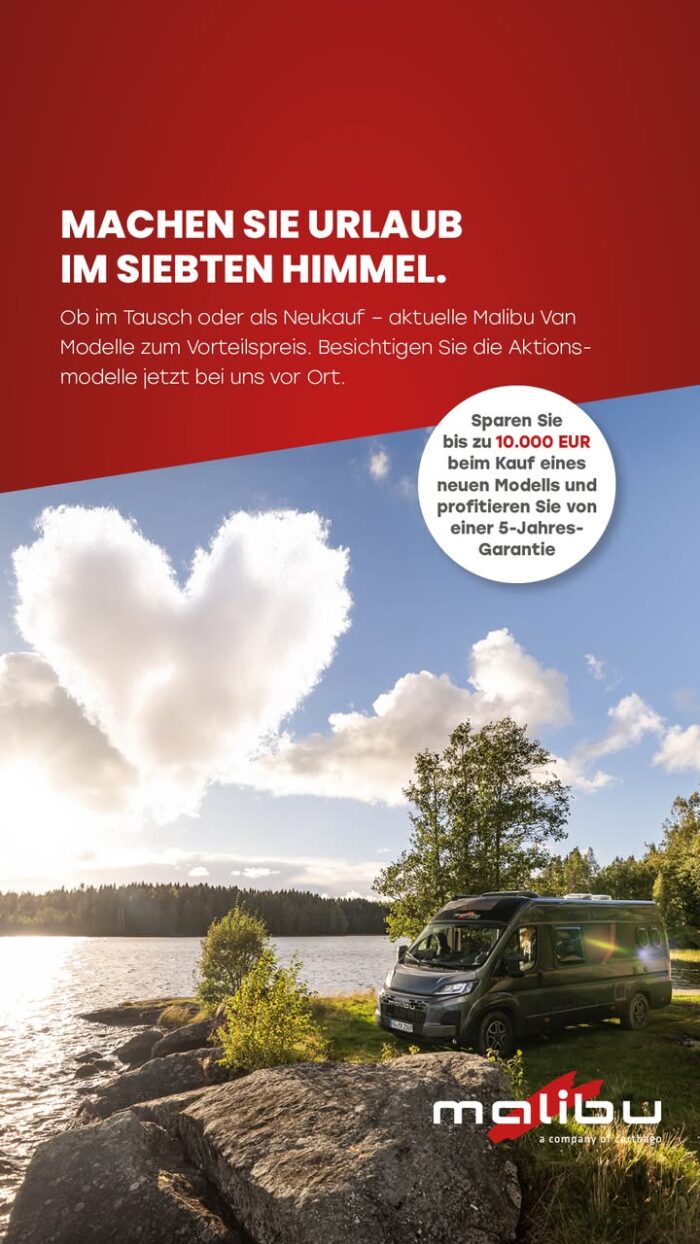 Profitieren Sie jetzt von unseren himmlischen Preisvorteilen. Machen Sie jetzt Urlaub auf Wolke 7 dank Preisvorteilen von bis zu 10.000 € auf die aktuellen Malibu Camper Van Modelle des Modelljahres 2025. Lassen Sie sich bei uns unverbindlich beraten und profitieren Sie von der tollen Malibu Vorteilsaktion. Mehr Informationen unter: https://scpl.io/30403_carthago_7806

*gilt nur für Modelle des Modelljahres 2025. Garantie beinhaltet 2 Jahre Gewährleistung des Herstellers und 2 Jahre Zusatzgarantie (Inhalte siehe Kaufvertrag). Malibu genius Modelle sind von der Aktion ausgenommen.